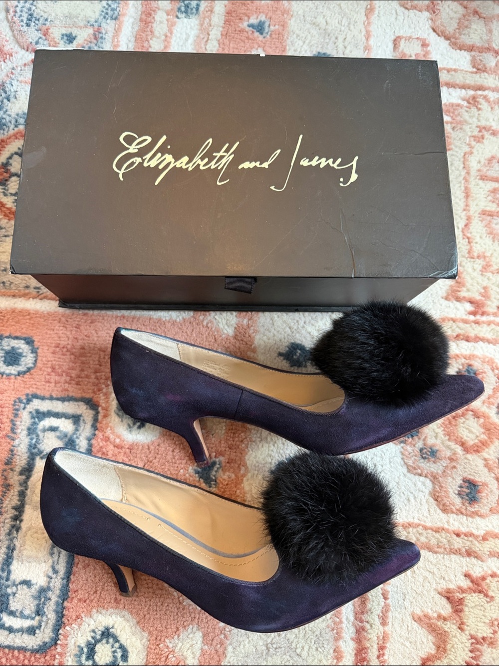 Elizabeth and James Navy Velvet Pumps with Black Pom Poms